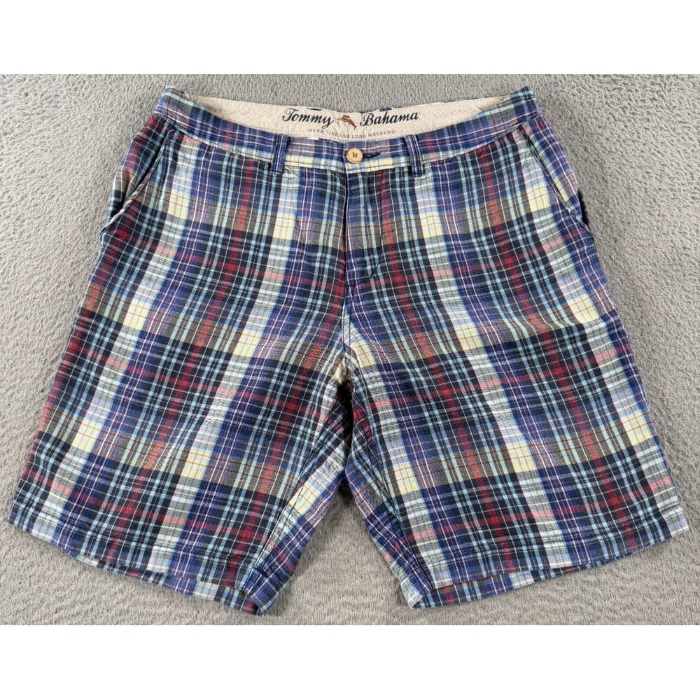Tommy Bahama Shorts Mens 32x10 Linen Blend Madras Plaid Summer Pockets